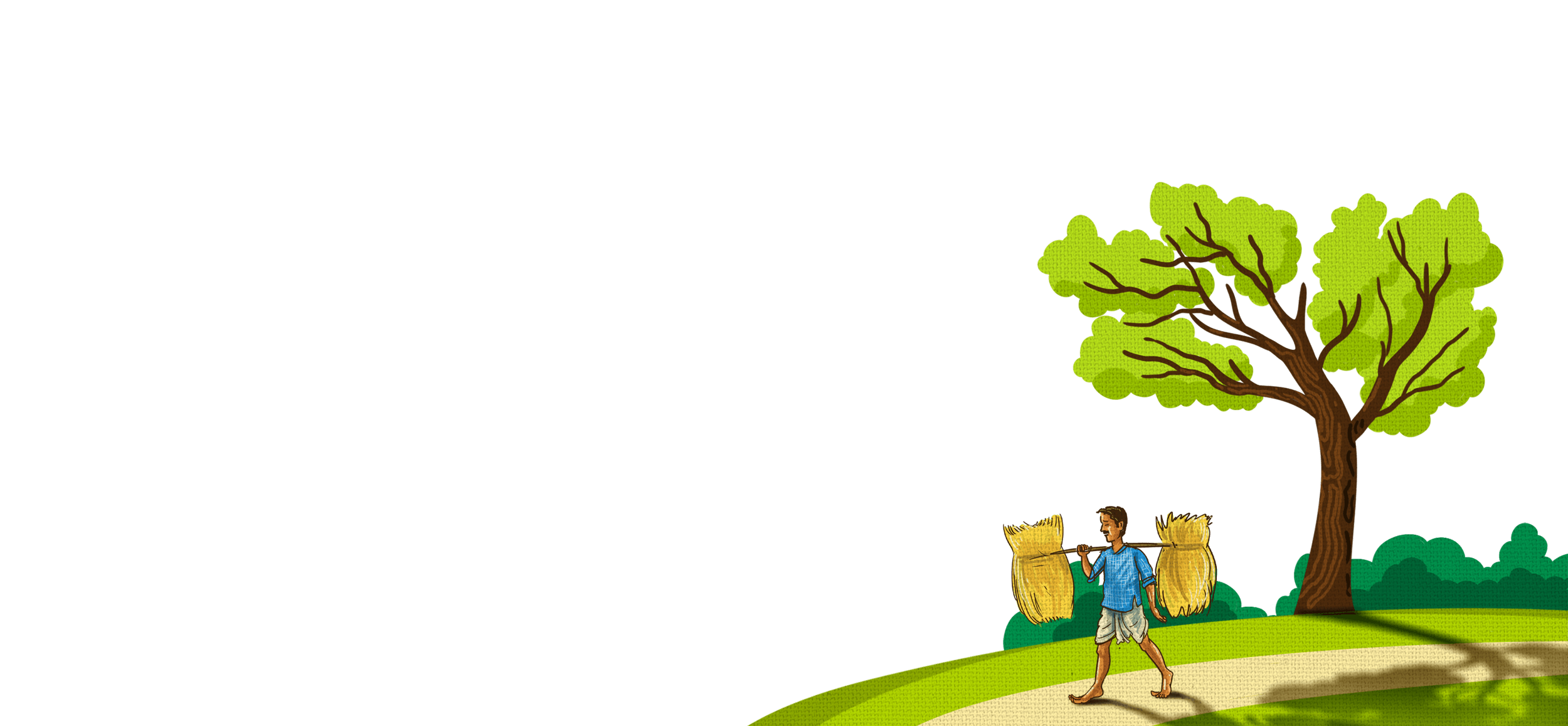 Farmer walking with harvested bundles under a leafy green tree