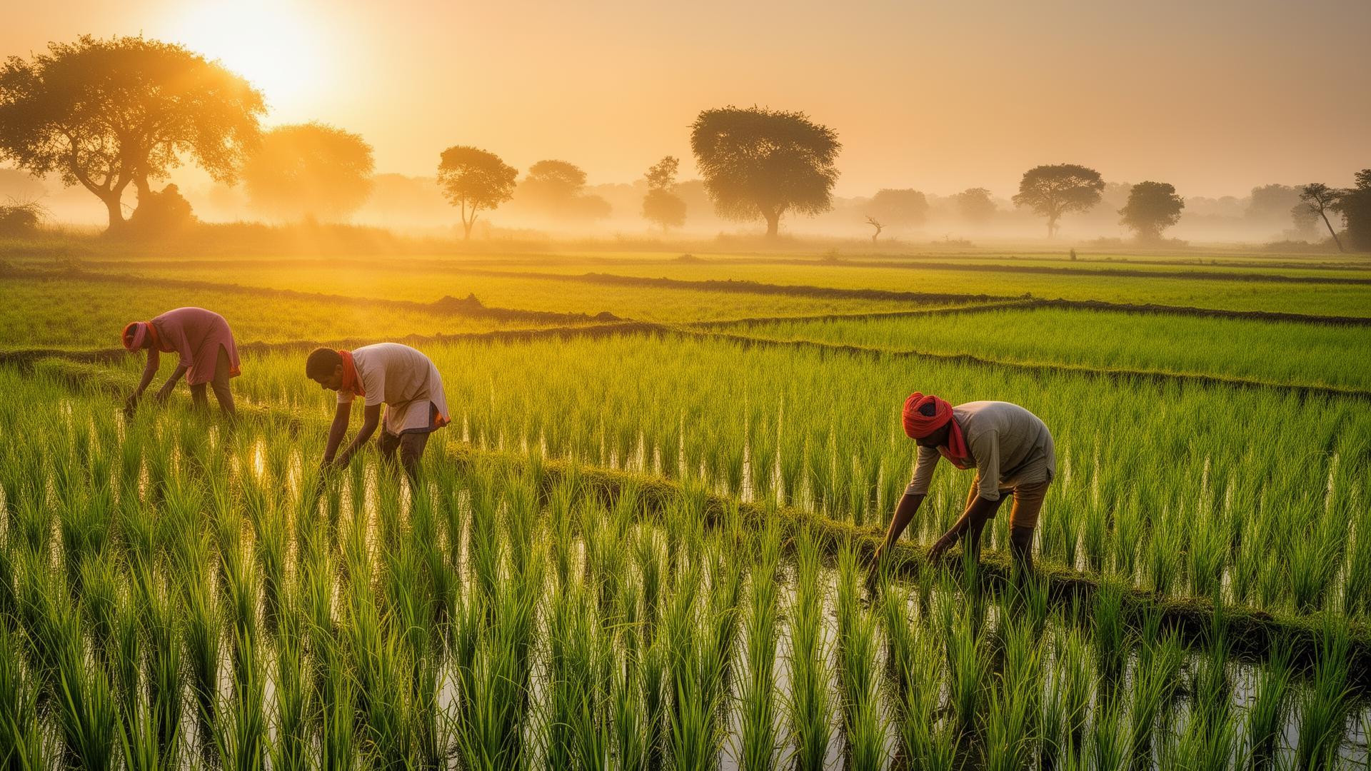 Indian farmers working in lush green rice paddy fields during golden hour